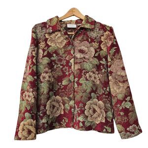 Vtg Studio Works Size Med Red Floral Tapestry Jacket Blazer w/Buttons Collared
